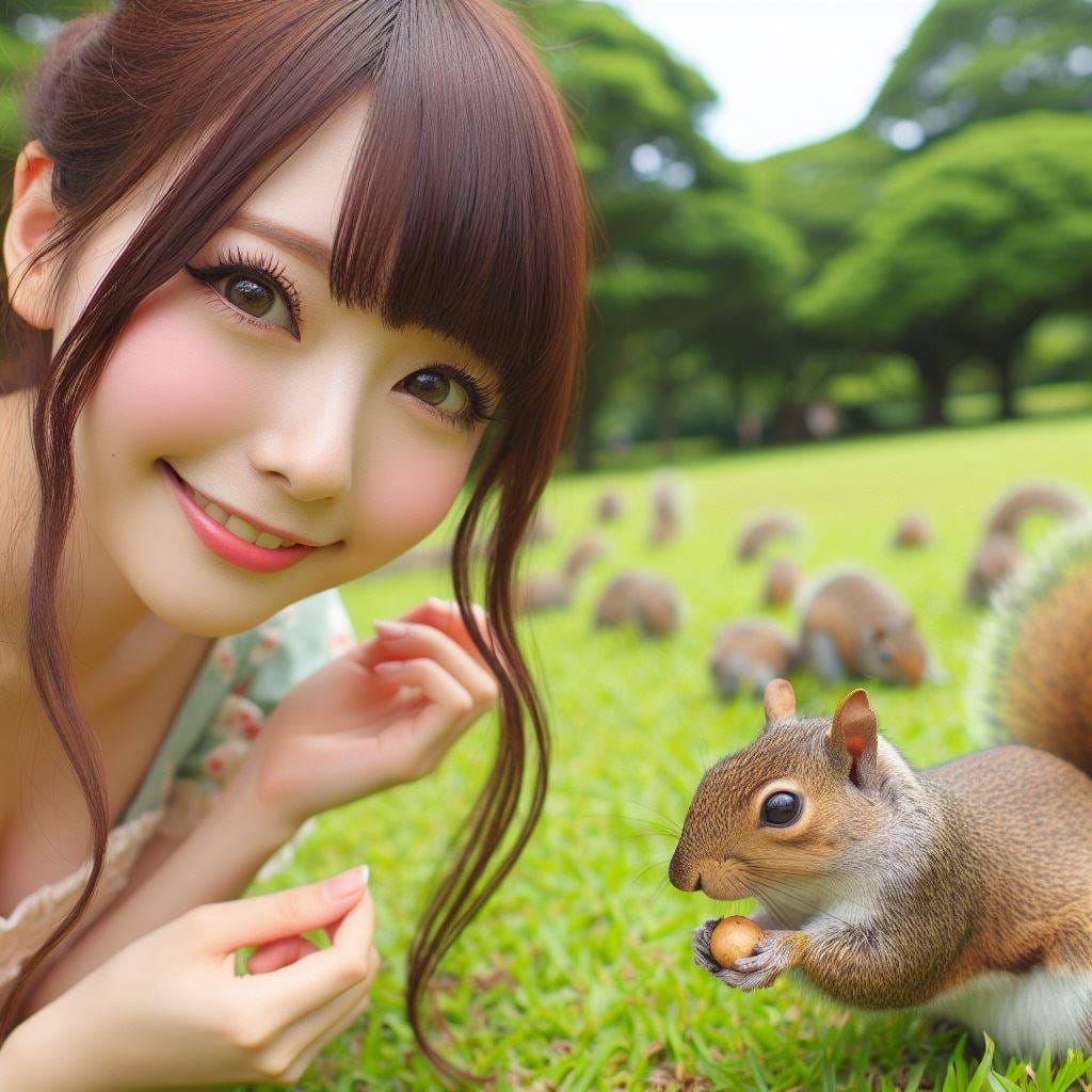 和松鼠嬉戲的美女
