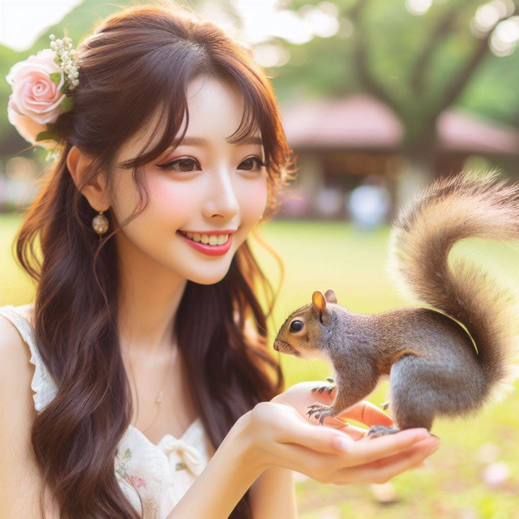 和松鼠嬉戲的美女