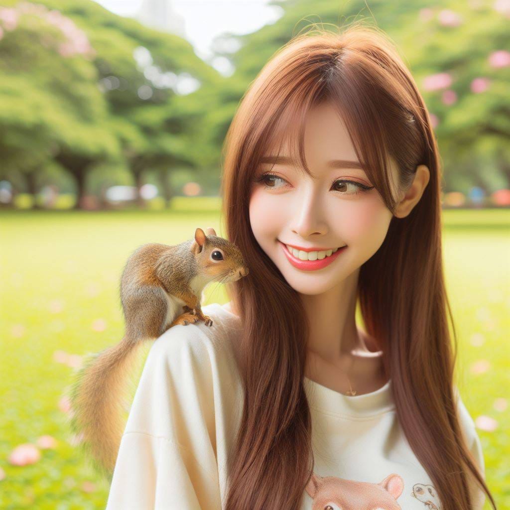 和松鼠嬉戲的美女