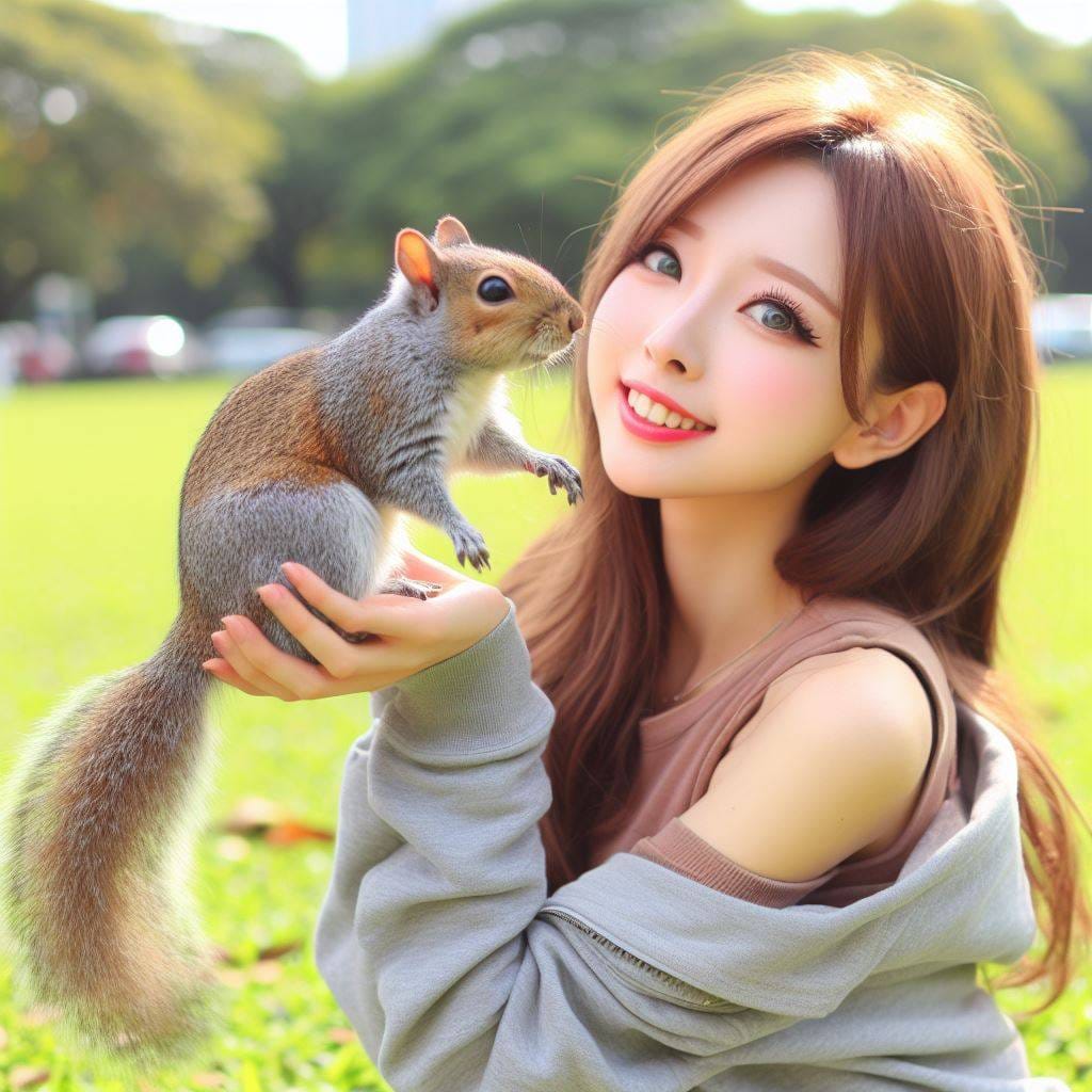 和松鼠嬉戲的美女