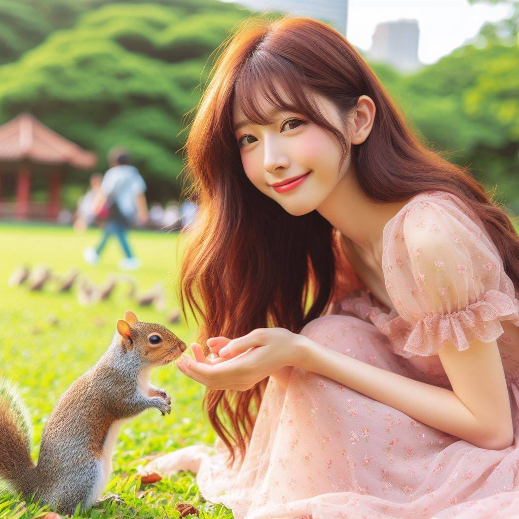 和松鼠嬉戲的美女