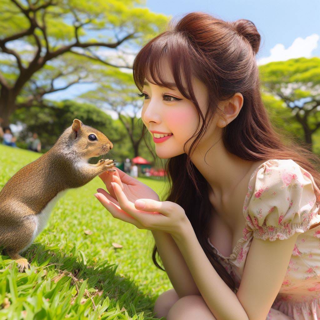 和松鼠嬉戲的美女