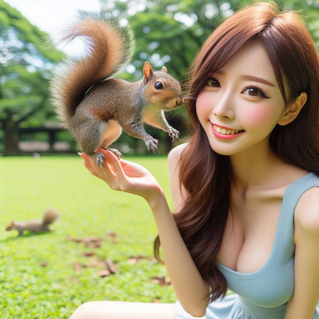 和松鼠嬉戲的美女