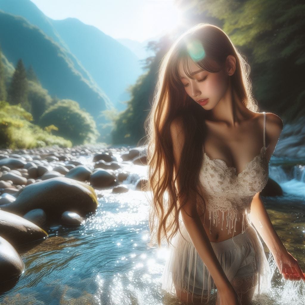 妹子野溪拍照