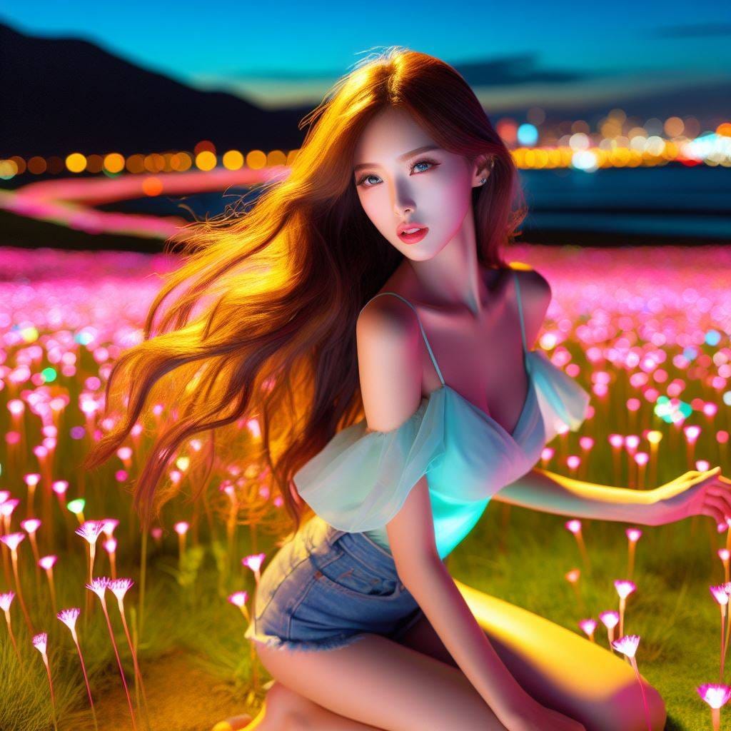 翩翩起舞的螢光草地少女