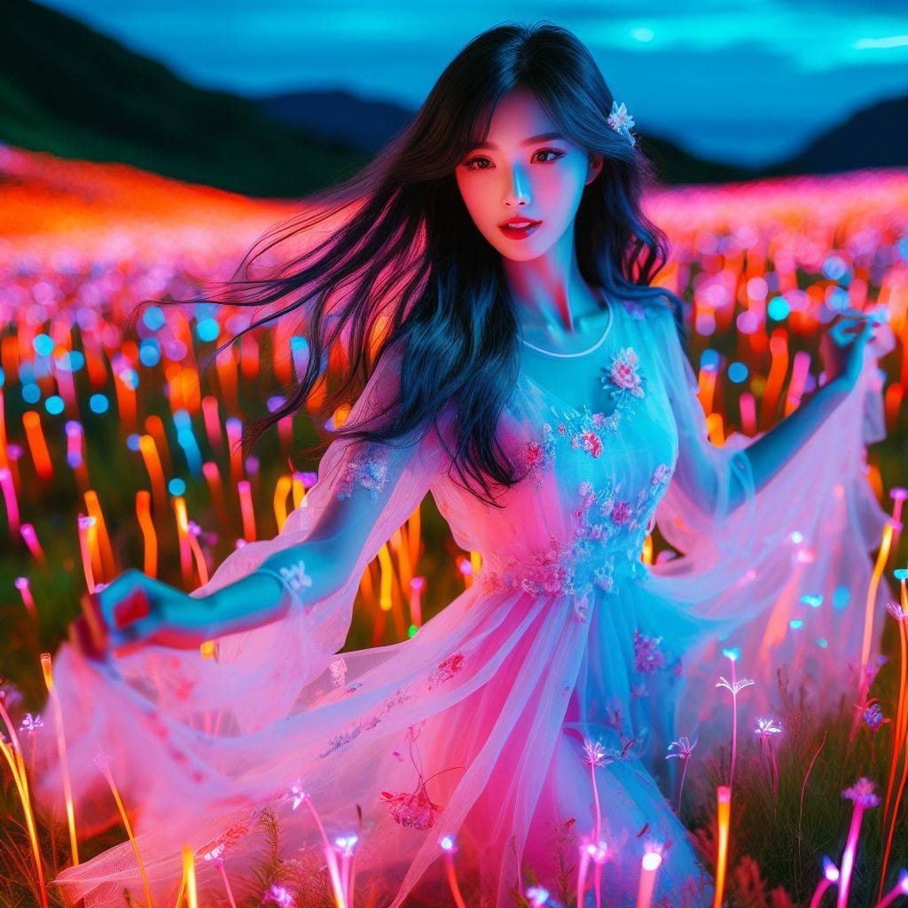 翩翩起舞的螢光草地少女