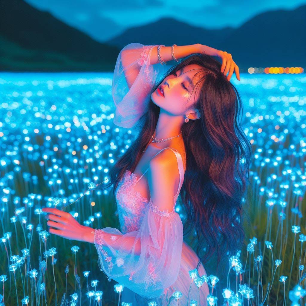 翩翩起舞的螢光草地少女