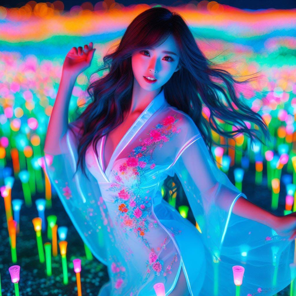 翩翩起舞的螢光草地少女