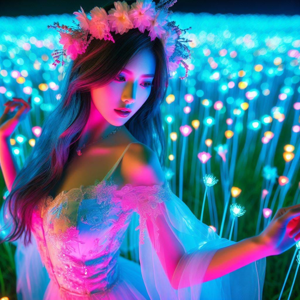 翩翩起舞的螢光草地少女