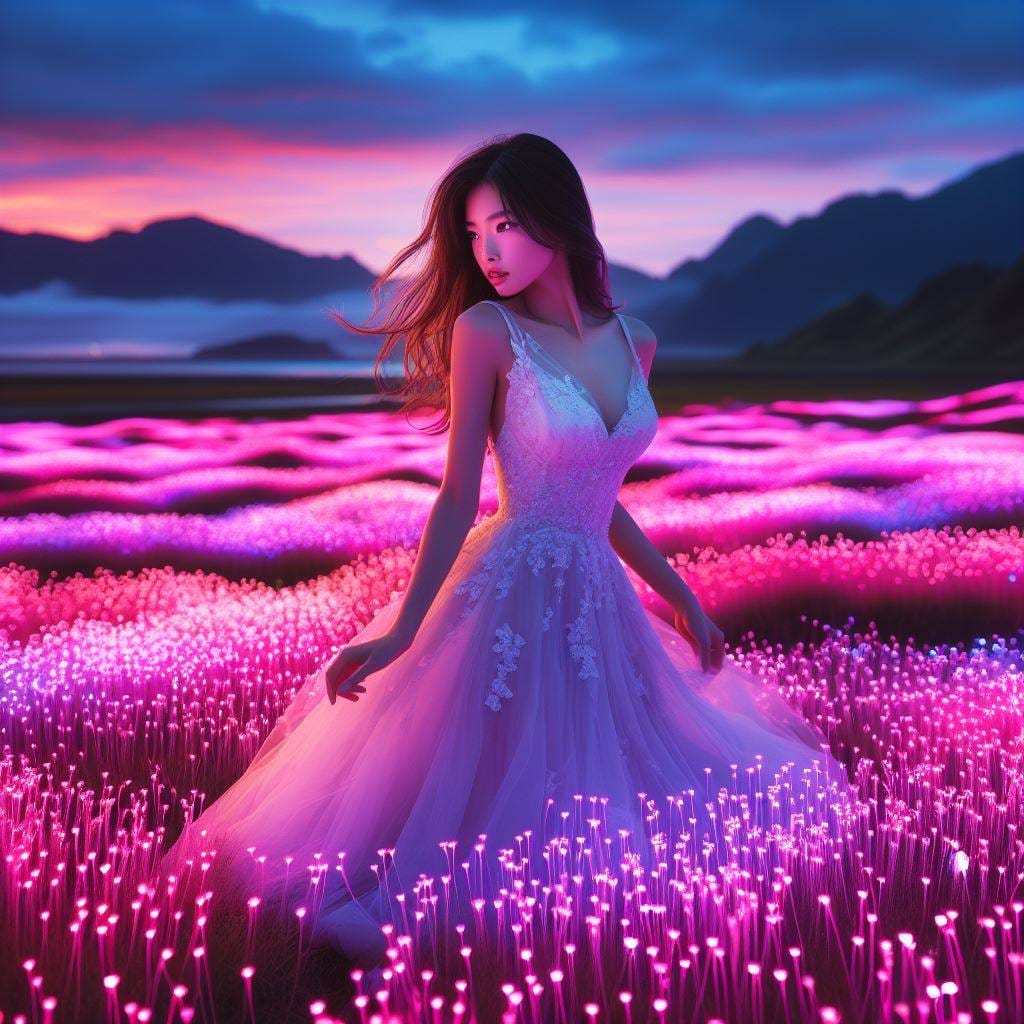 翩翩起舞的螢光草地少女