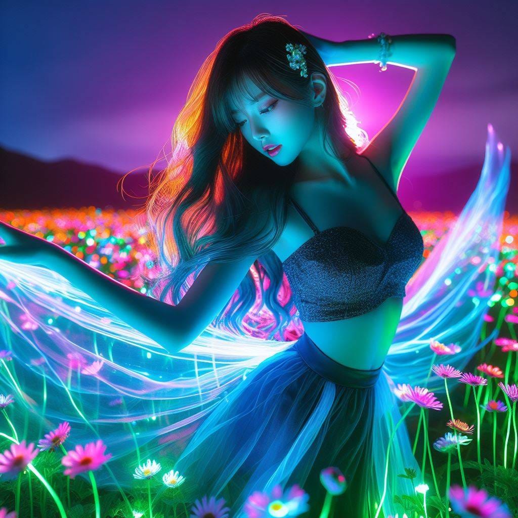 翩翩起舞的螢光草地少女