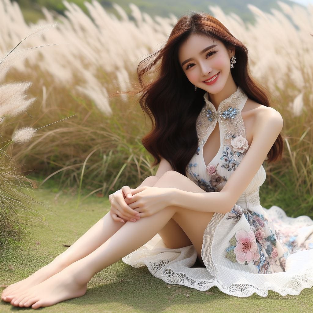 在草原拍照的妹子