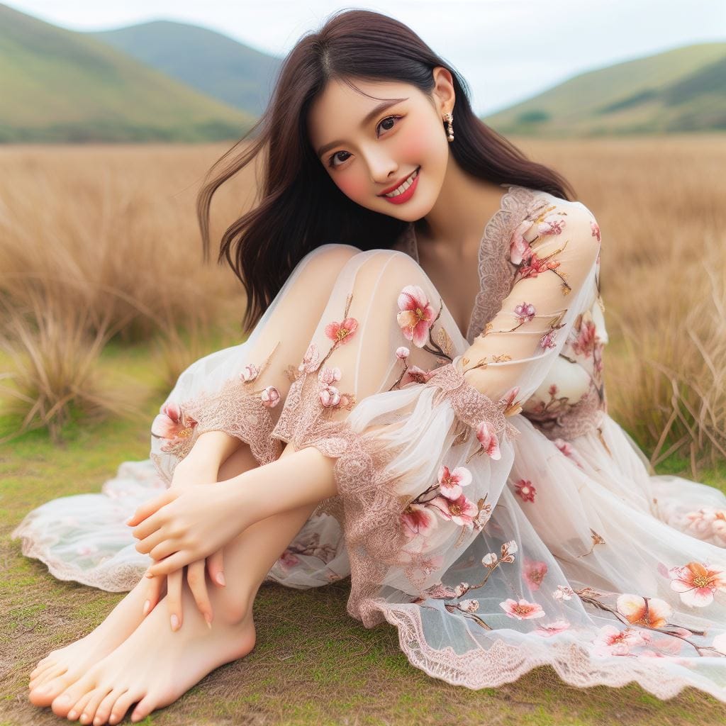 在草原拍照的妹子