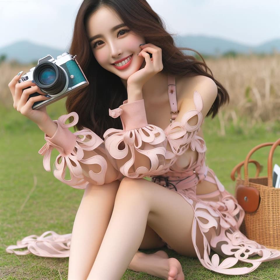 在草原拍照的妹子