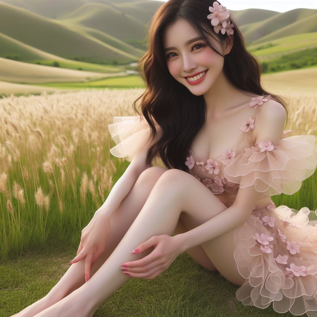 在草原拍照的妹子