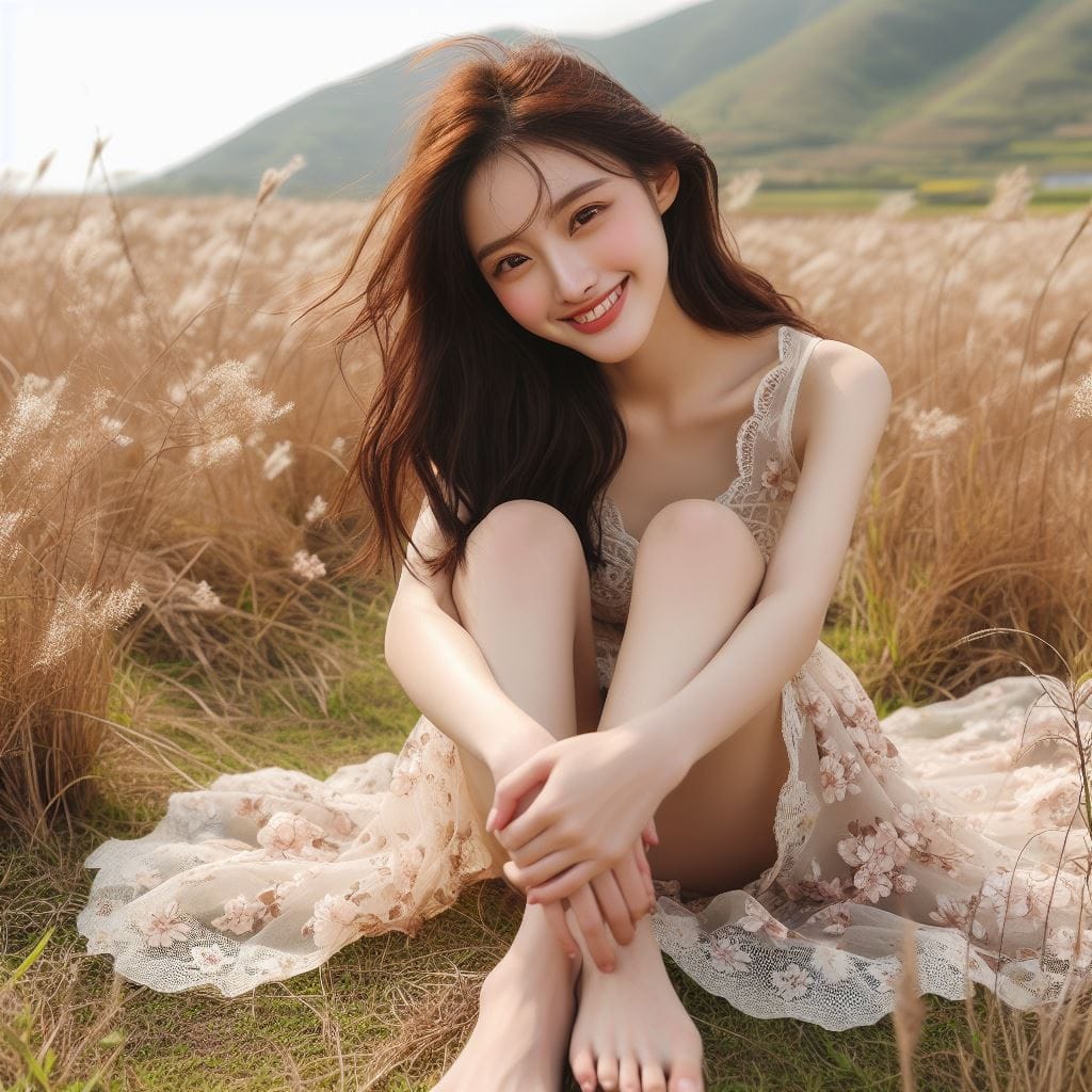 在草原拍照的妹子
