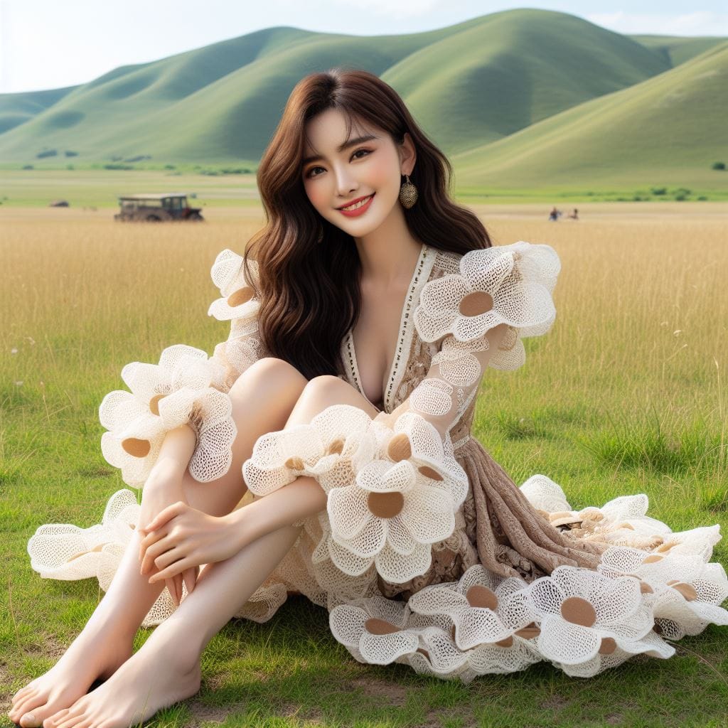在草原拍照的妹子