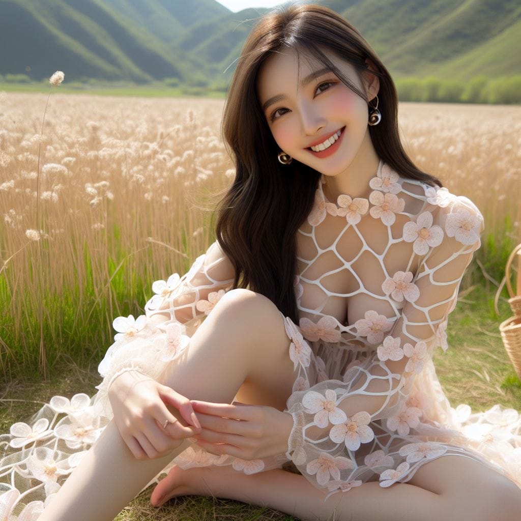 在草原拍照的妹子