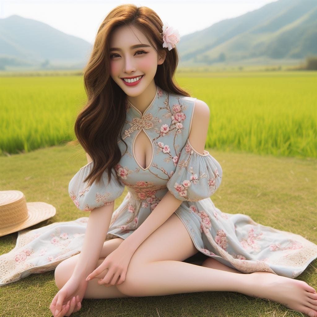 在草原拍照的妹子
