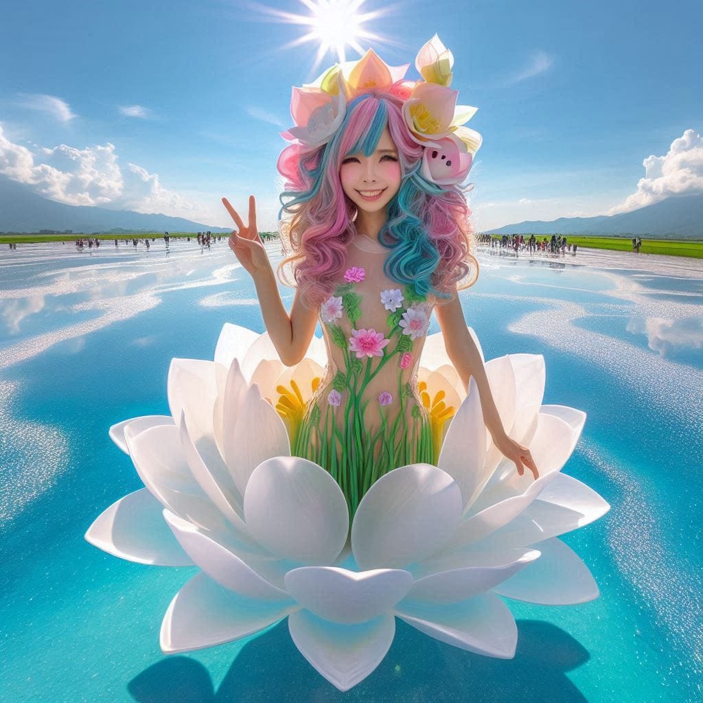 Sister pretends to be a flower