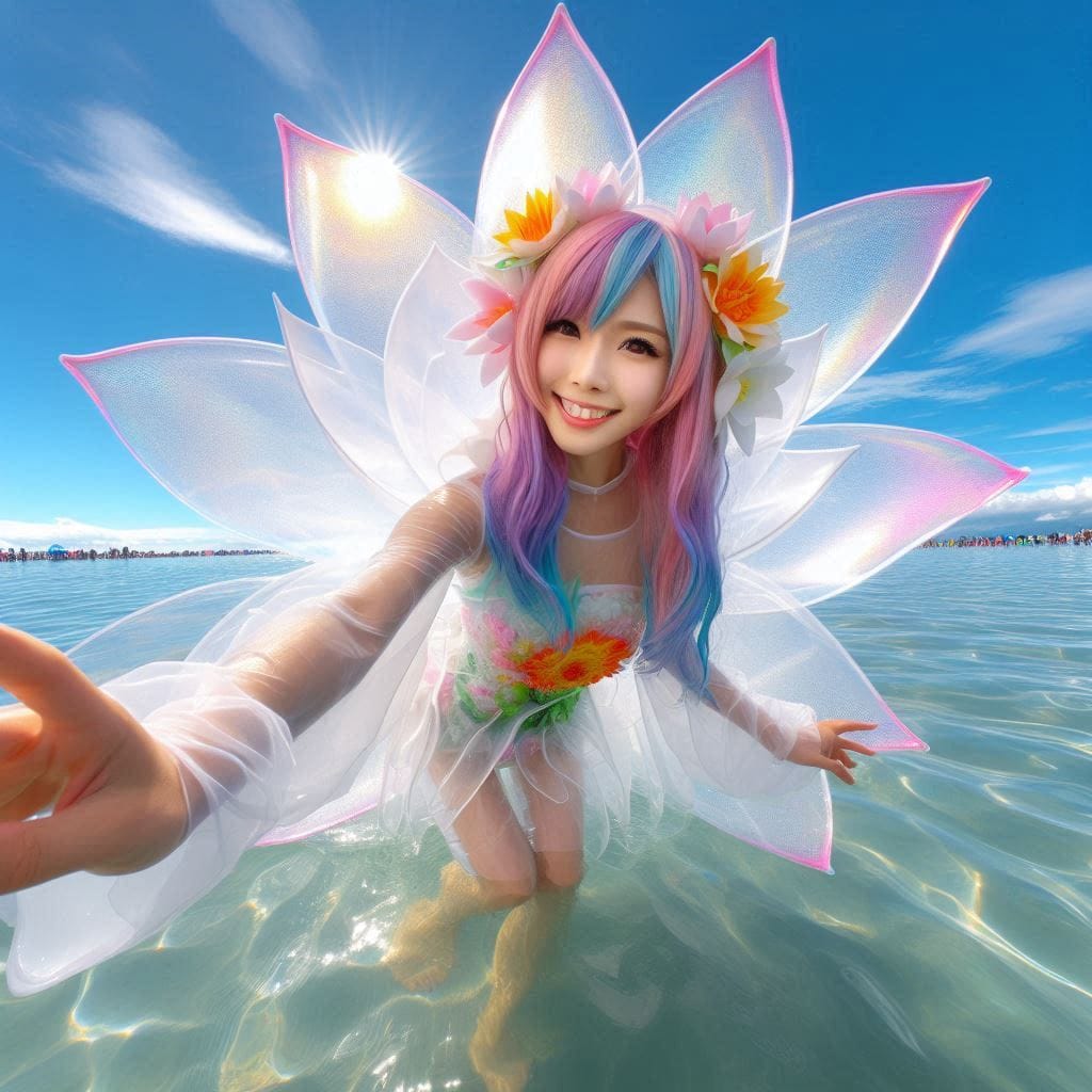 Sister pretends to be a flower