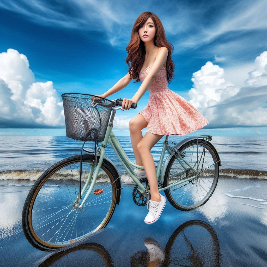 Sister rides a bicycle. She rides on the water.