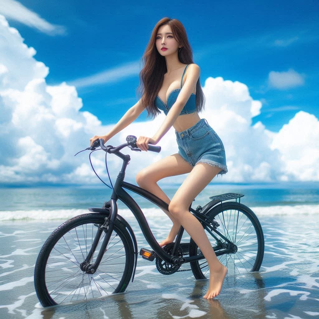 Sister rides a bicycle. She rides on the water.