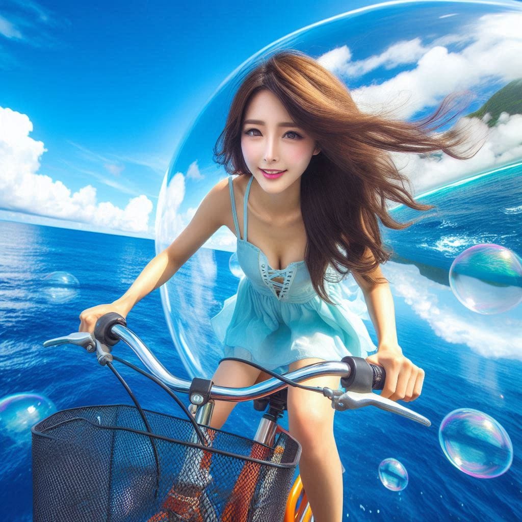 Sister rides a bicycle. She rides on the water.