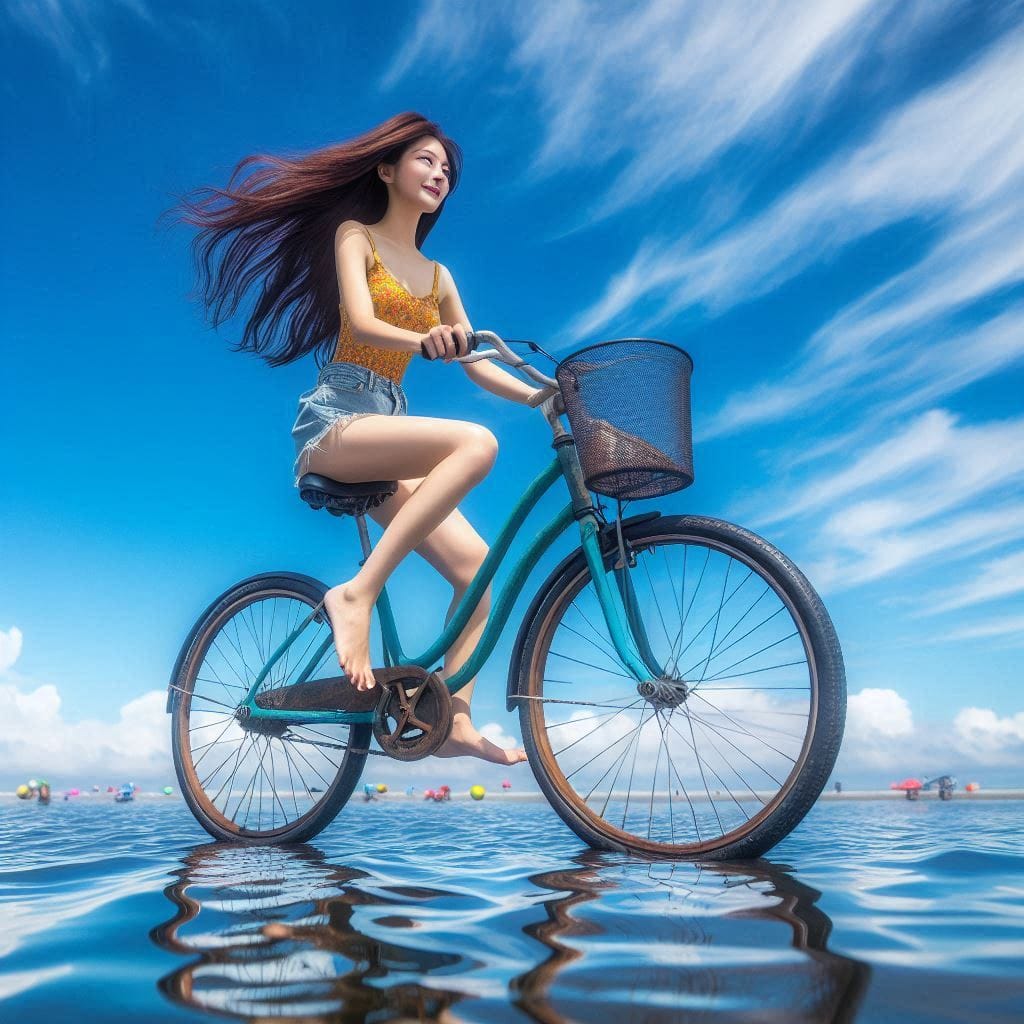 Sister rides a bicycle. She rides on the water.