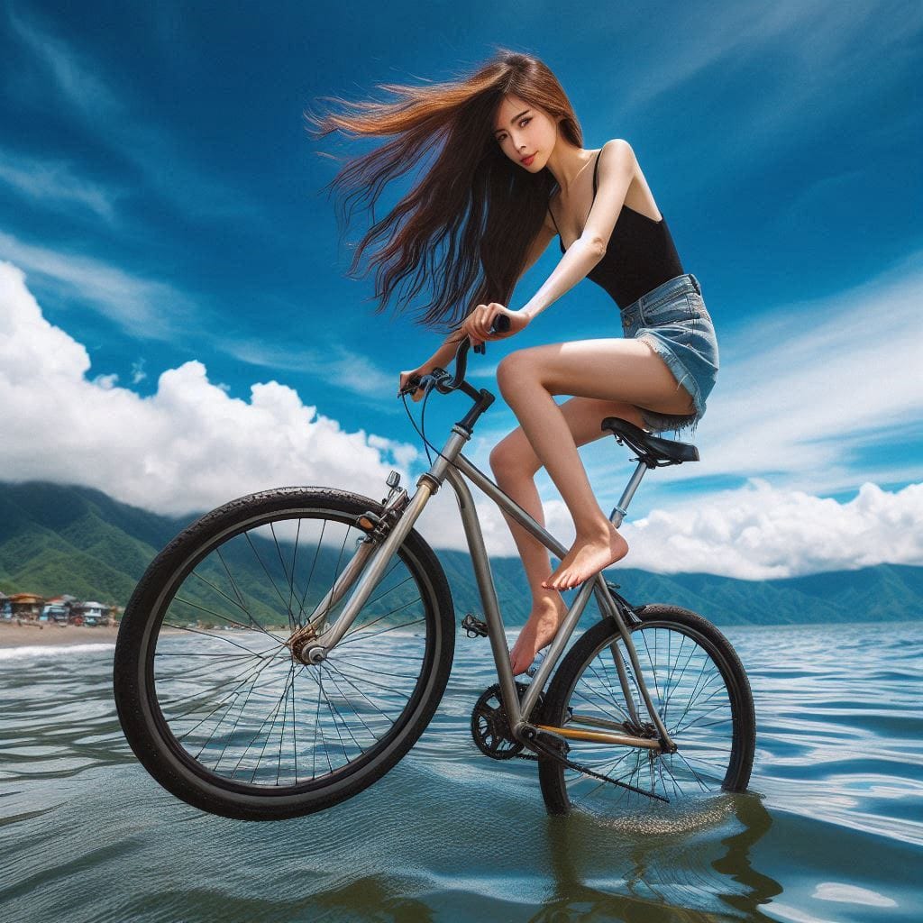 Sister rides a bicycle. She rides on the water.