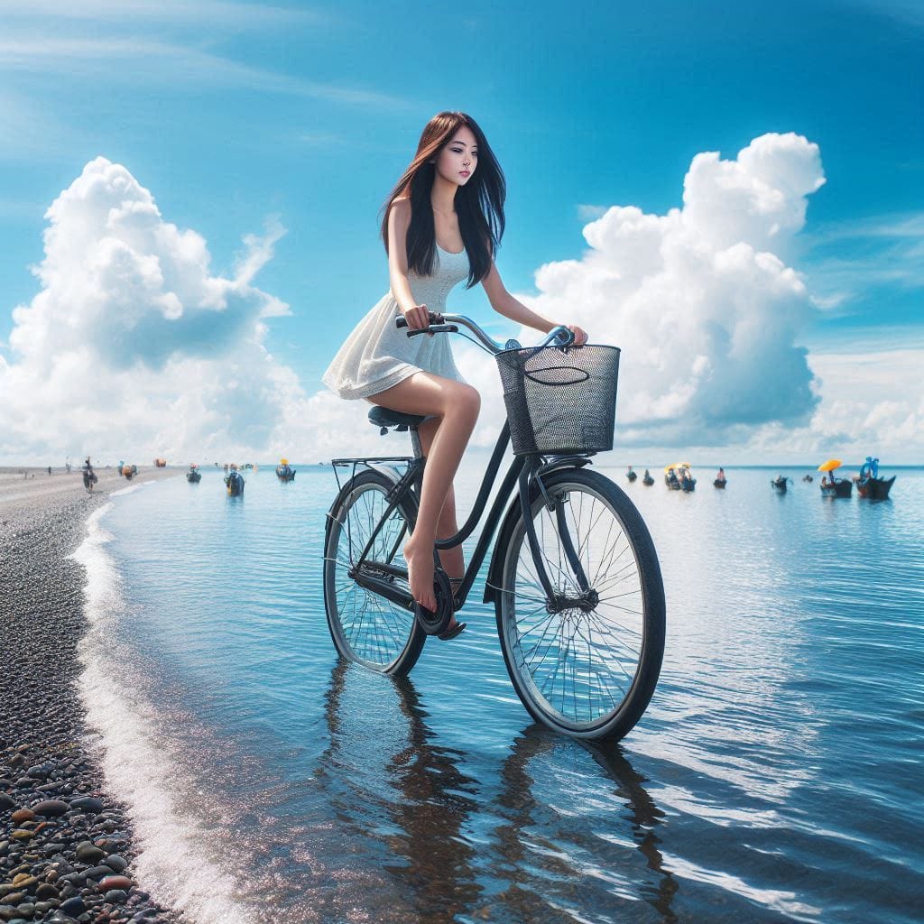 Sister rides a bicycle. She rides on the water.