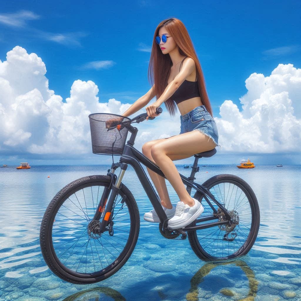 Sister rides a bicycle. She rides on the water.