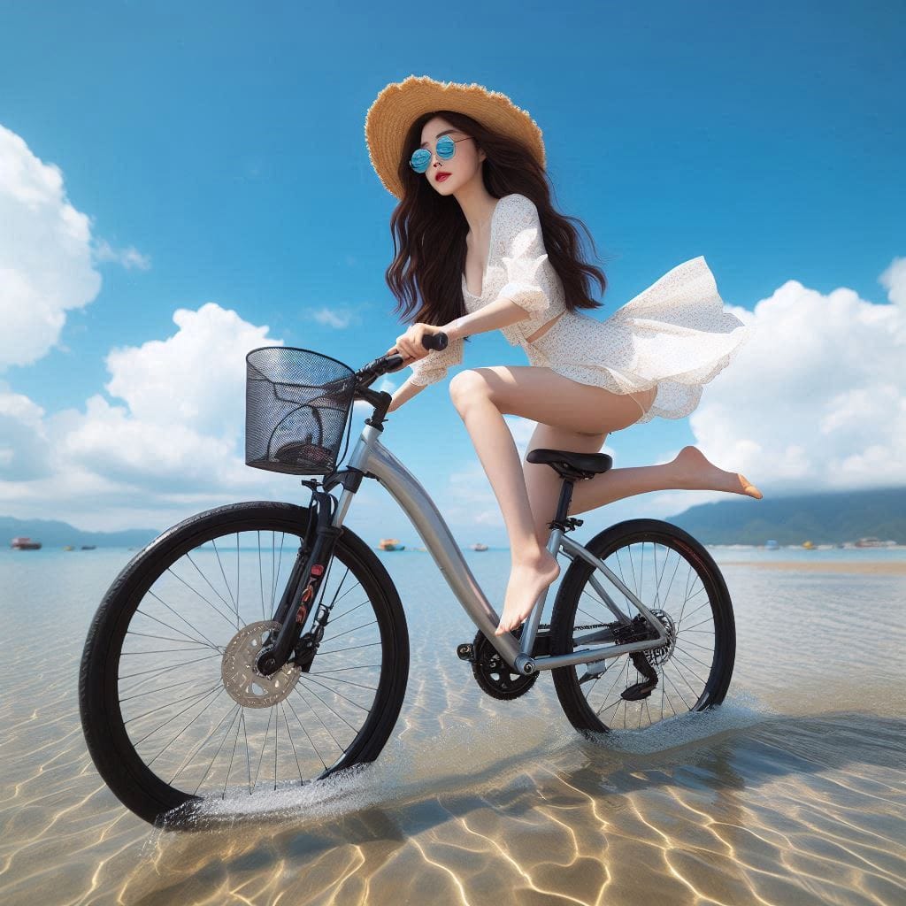 Sister rides a bicycle. She rides on the water.