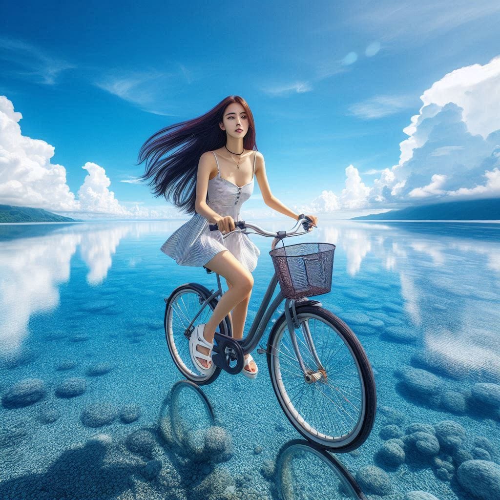 Sister rides a bicycle. She rides on the water.