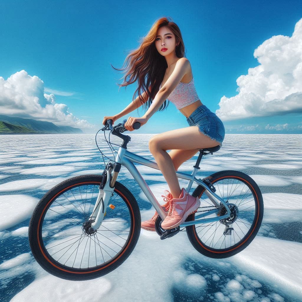 Sister rides a bicycle. She rides on the water.