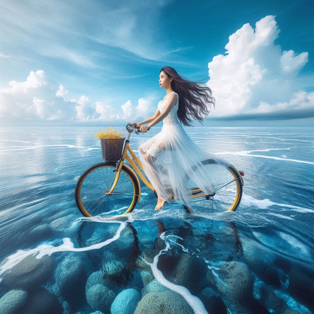 Sister rides a bicycle. She rides on the water.