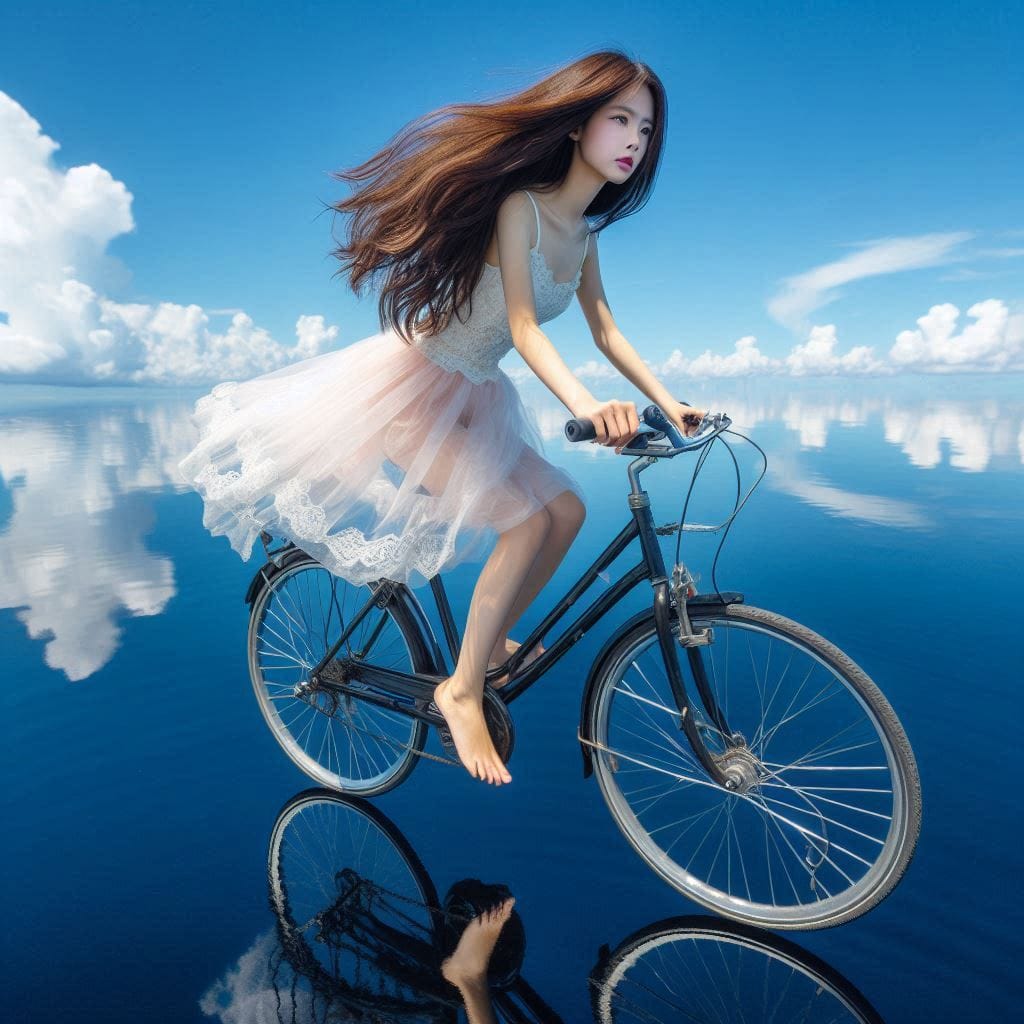 Sister rides a bicycle. She rides on the water.