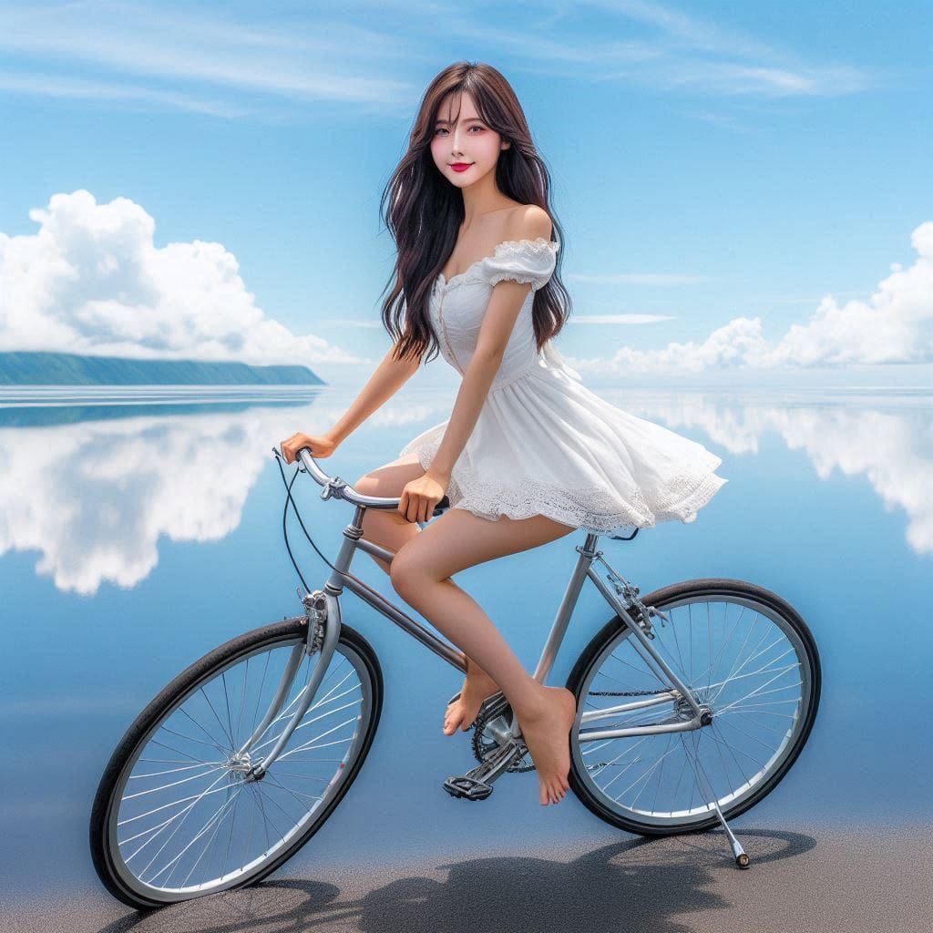 Sister rides a bicycle. She rides on the water.