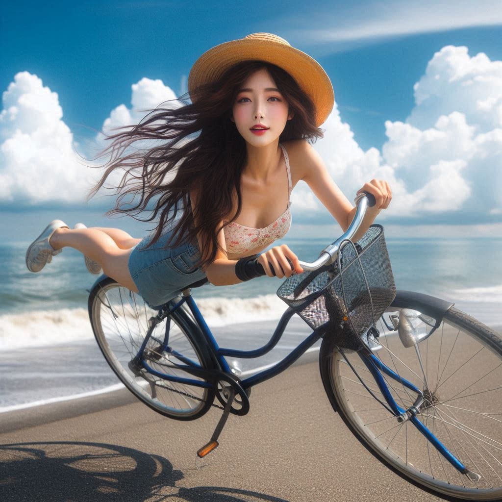 Sister rides a bicycle. She rides on the water.