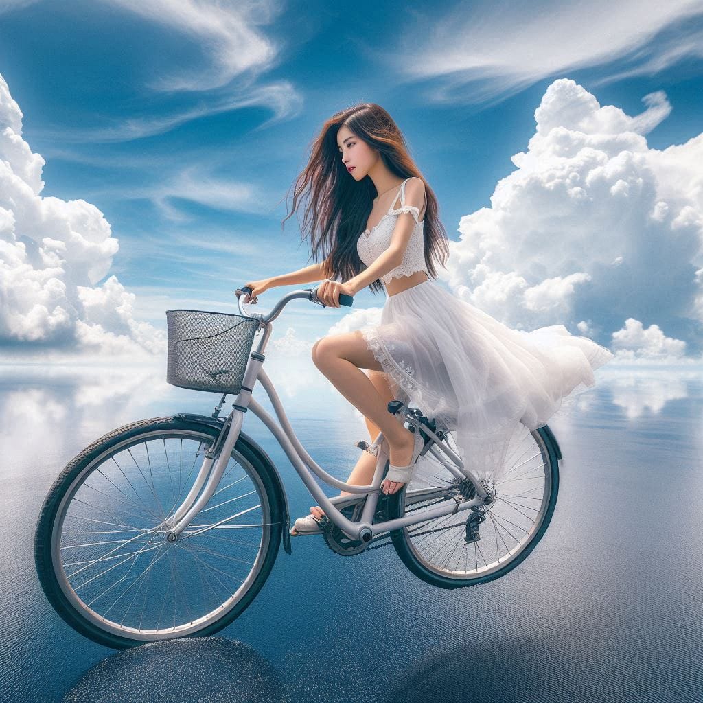Sister rides a bicycle. She rides on the water.