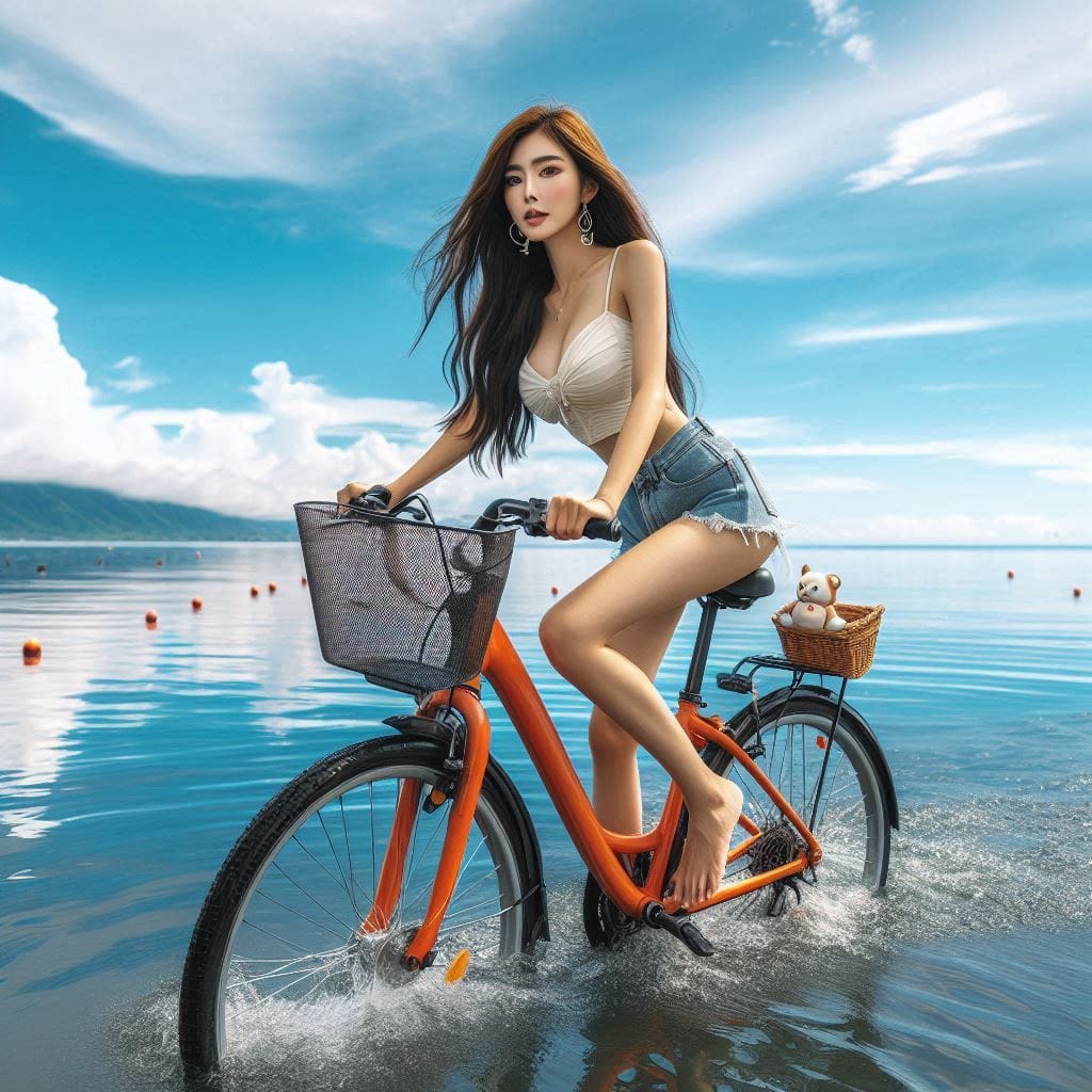 Sister rides a bicycle. She rides on the water.
