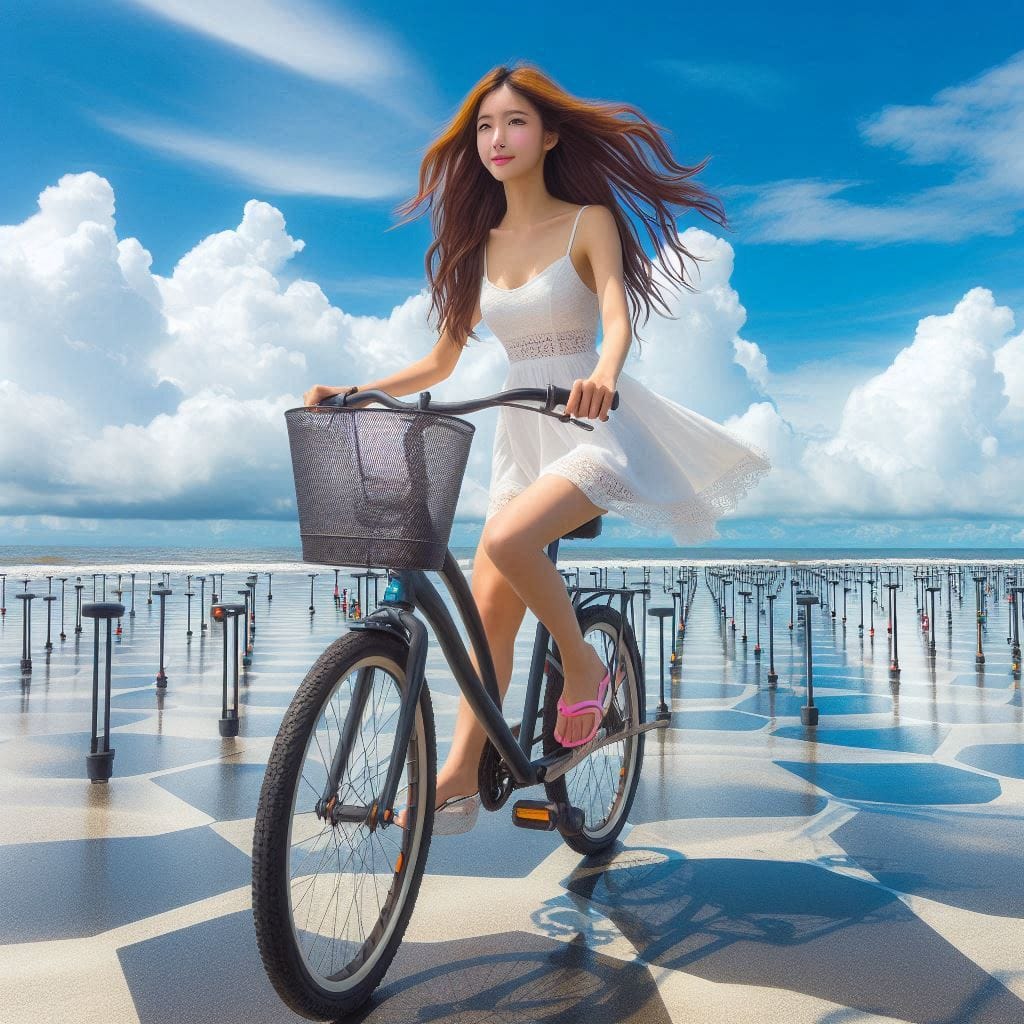 Sister rides a bicycle. She rides on the water.