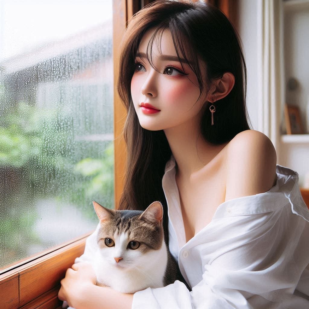 The girl is at home snoring at the cat. Watching the rain outside the window