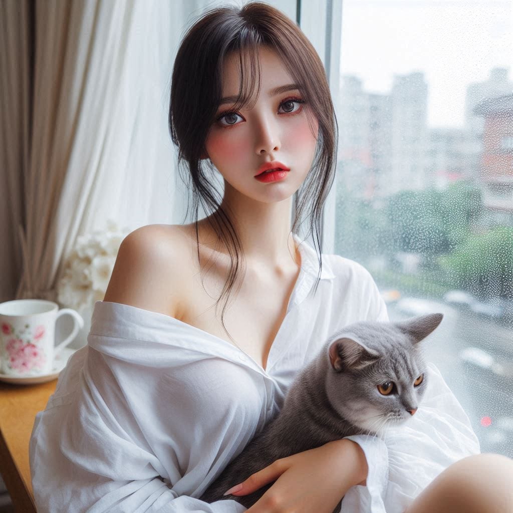 The girl is at home snoring at the cat. Watching the rain outside the window
