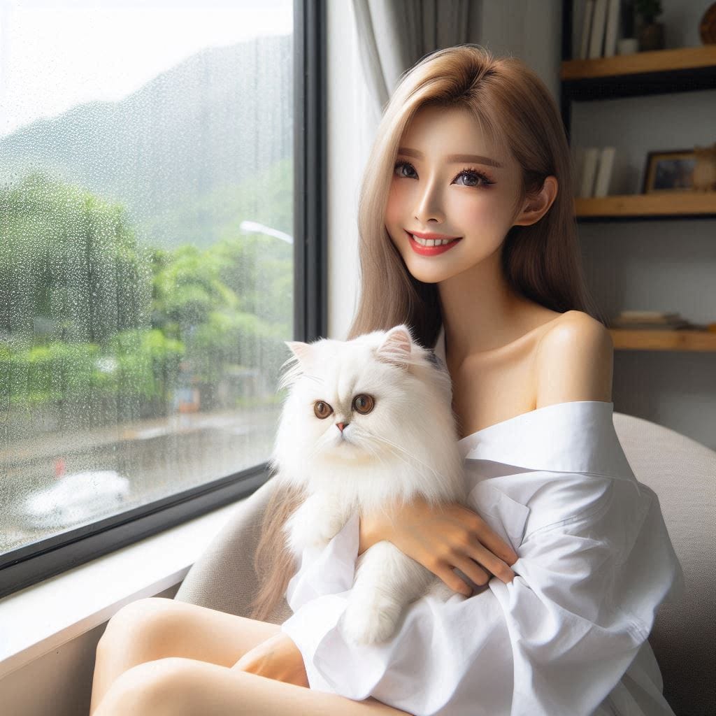 The girl is at home snoring at the cat. Watching the rain outside the window
