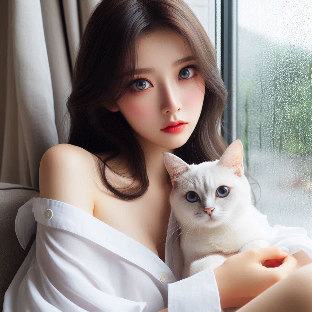 The girl is at home snoring at the cat. Watching the rain outside the window