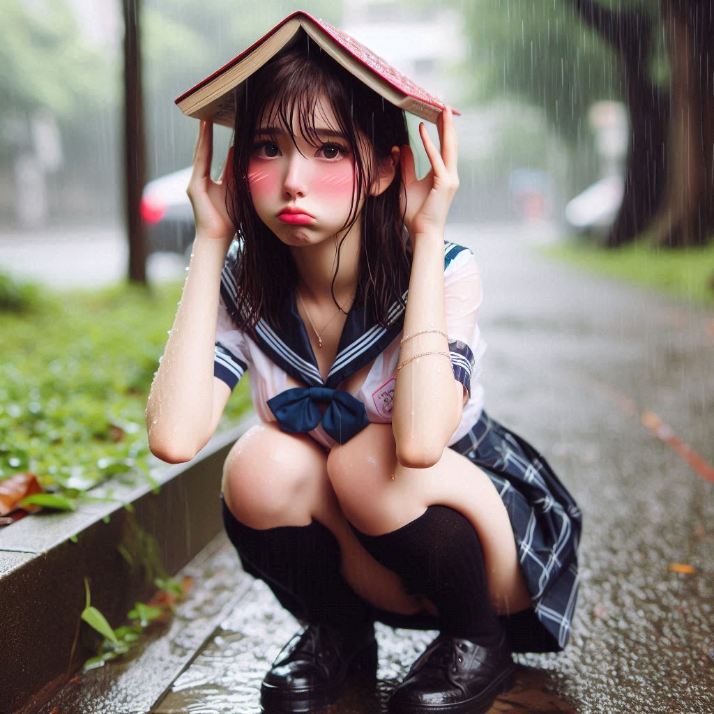 被雨淋濕的妹子嘟嘴巴