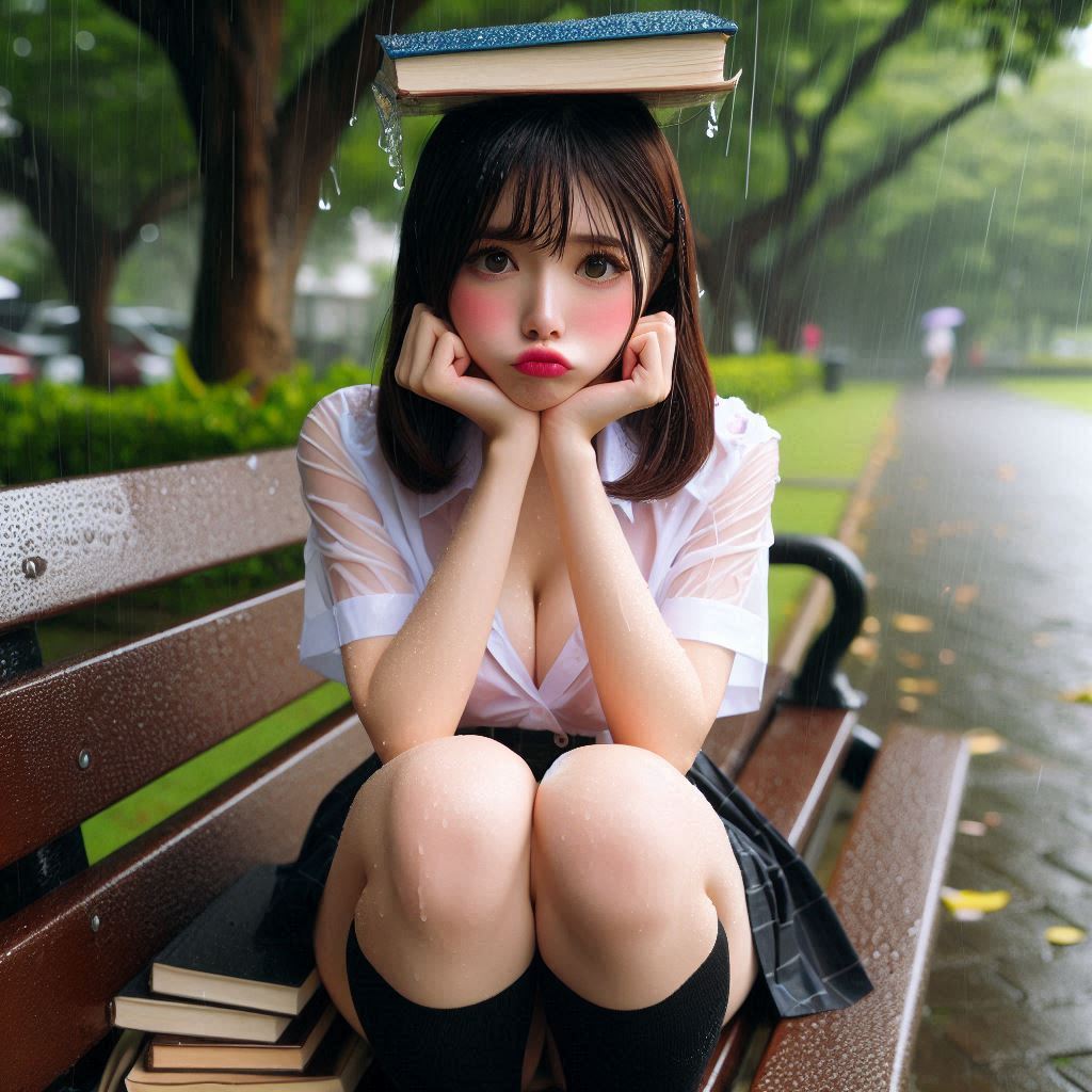 被雨淋濕的妹子嘟嘴巴