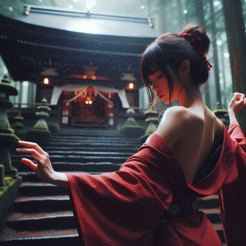 Mysterious Shrine in the Woods - Japanese Miko