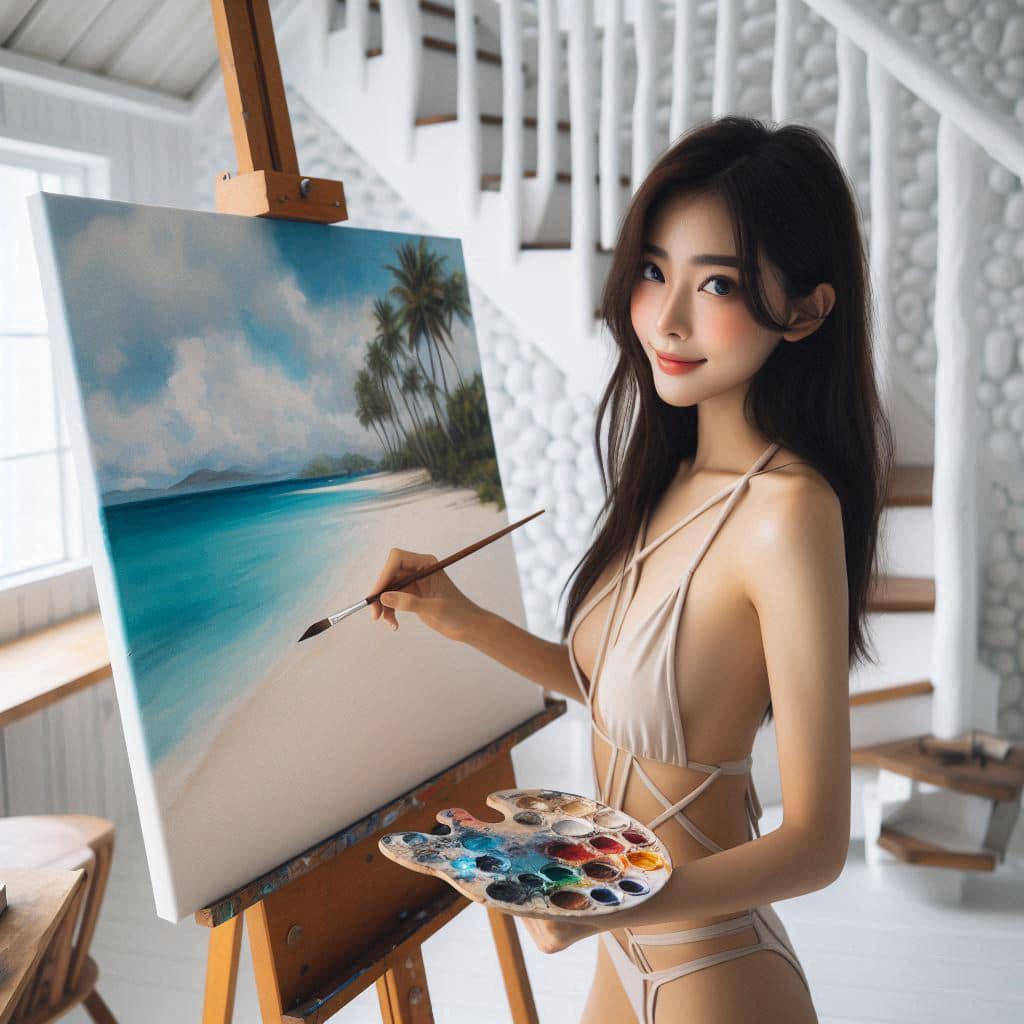 A bikini girl who likes to draw in her room